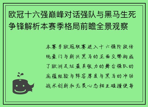 欧冠十六强巅峰对话强队与黑马生死争锋解析本赛季格局前瞻全景观察 欧冠十六强巅峰对话强队与黑马生死争锋解析本赛季格局前瞻全景观察
